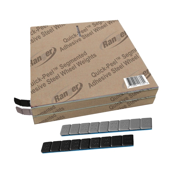 Ranger 0.25 oz. / 1/2 Wide / Black + Silver Combo Adhesive Steel Wheel Weights / 22 lbs, 1400PK 5150230 - main